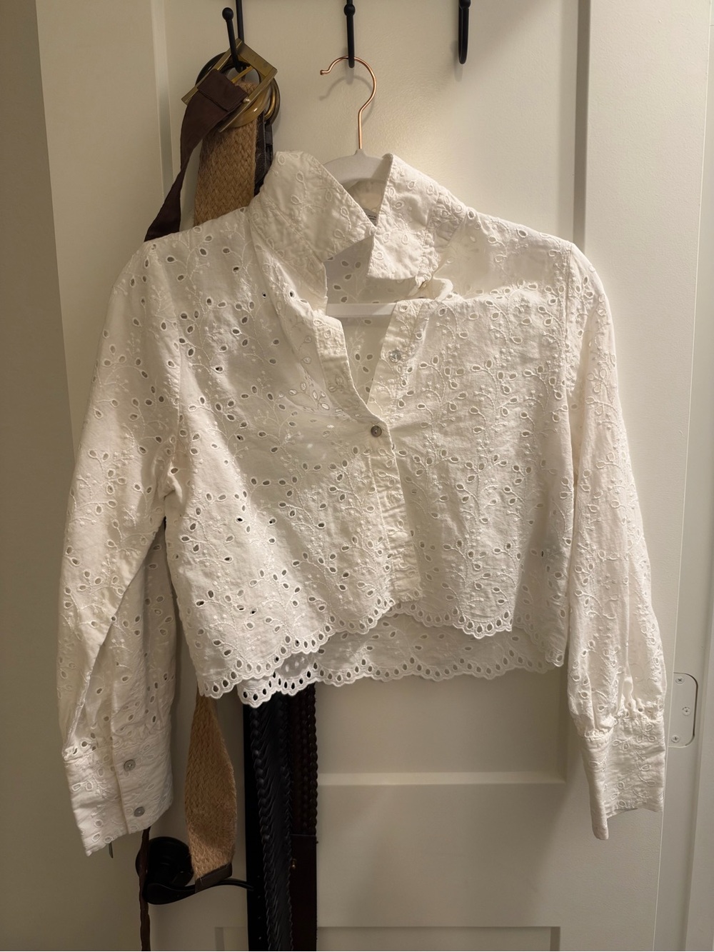Zara White Eyelet Cropped Button-Down Shirt